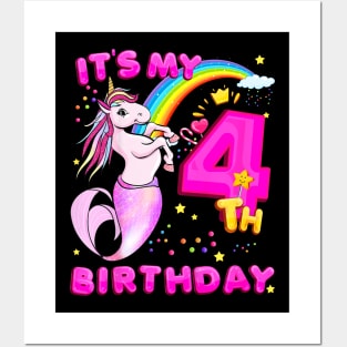 Kids 4Th Birthday Unicorn Mermicorn Mermaid For Girls Posters and Art